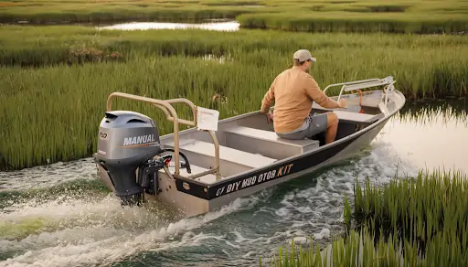 In a serene marshland, a small boat equipped with a detailed DIY mud motor kit, featuring a prop guard and T-style grab bar.